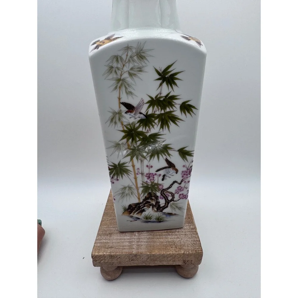 Satsuki Japan Porcelain Vase Vintage Bamboo Birds Cherry Blossom Gold Rim